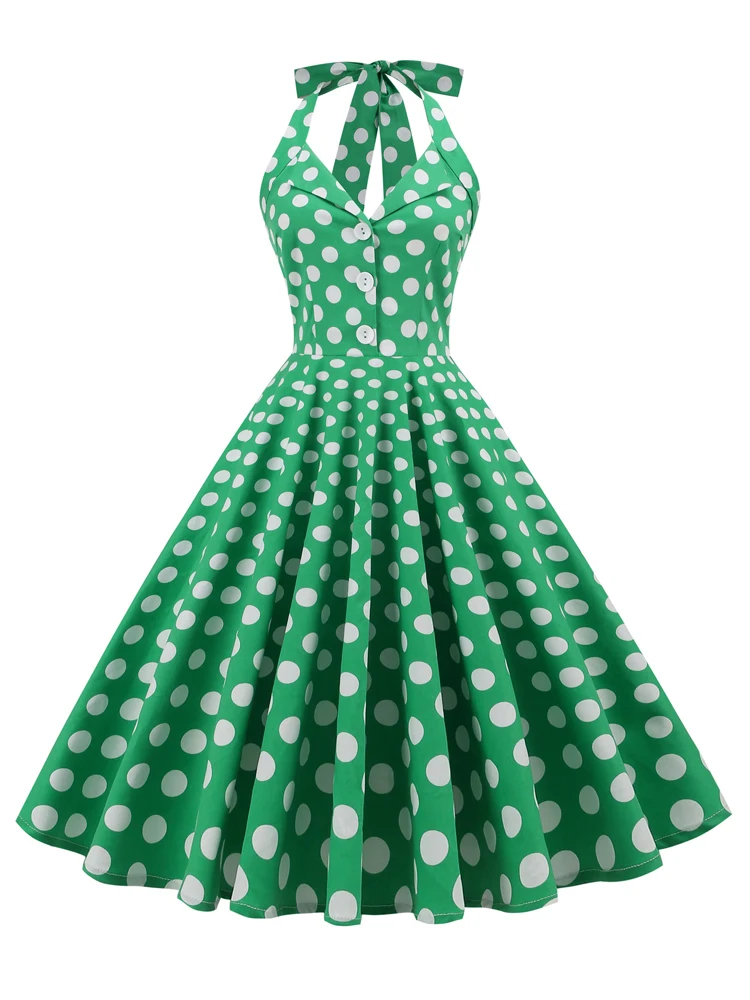 

2022 Green Halter 50s Vintage Rockabilly Swing Dress with Pockets Button Backless Party Sexy Women Polka Dot Tunic Midi Dresses