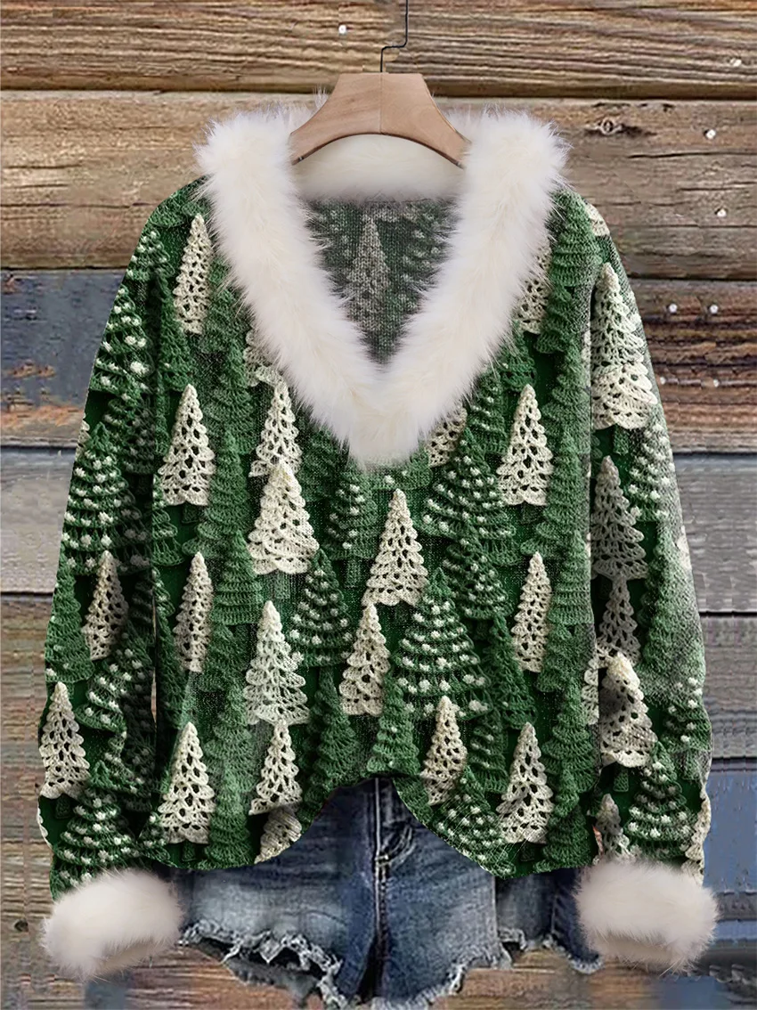

Pdmcms Women Sweater Christmas Tree Green White Print Knit Gingerbread Cookies Seamless Pattern Print Knit Pullover Sweater