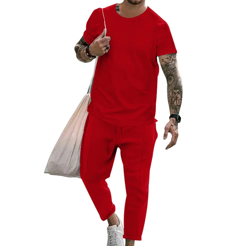 Brand Men's Spring/Summer Round Neck Casual Comfortable Top+Split Sweatpants Two Piece Set of Boutique Set