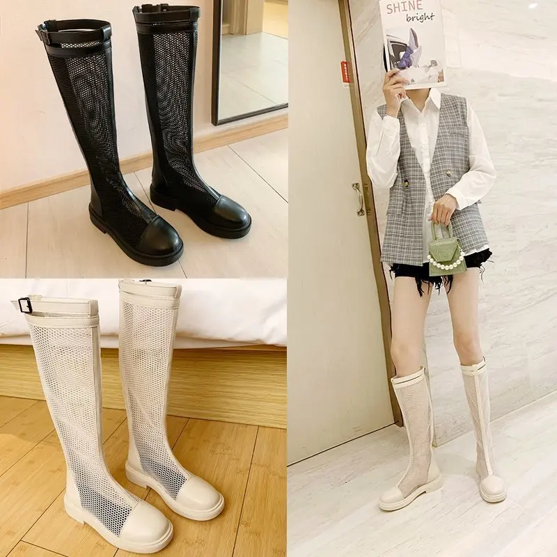 

Sandals Mesh High Tube Martin Boots Women Summer New Style Buckle Breathable Sandals Thin Rear Zipper Boots Zapatos Para Mujer