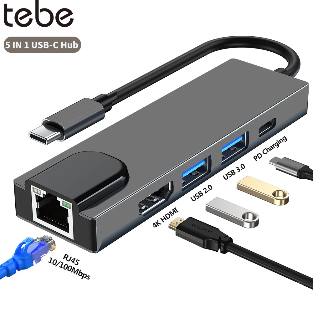 

Tebe 5 в 1/8 в 1 USB-C концентратор тип C до 4K HDMI/RJ45 USB 2,0/3,0 адаптер для Macbook Dell HP Samsung USB C док-станции