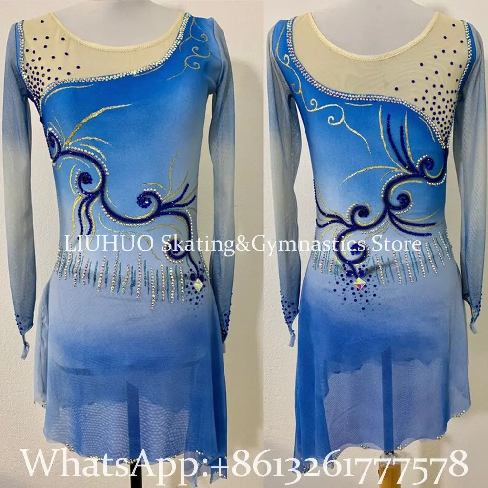 

Handmade Ice Skating Dress Women's Girls' Blue Gradient Rhinestones Figure Skating Dress Competition Dance Wear