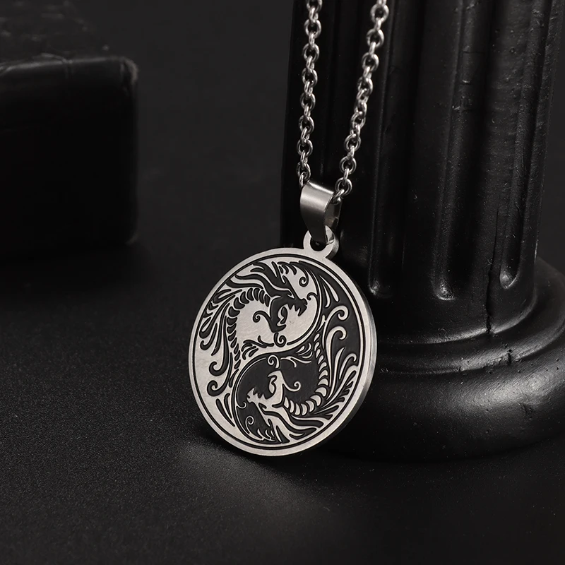 

Traditional Chinese Style Yin Yang Double Dragon Pendant Necklace Men Classic Amulet Jewelry