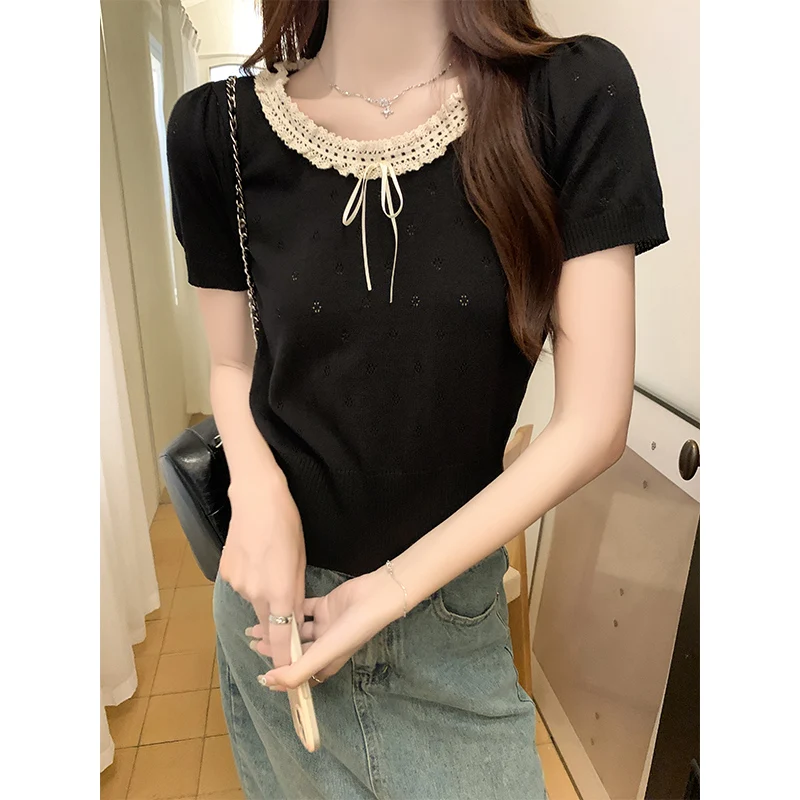 Женские кружевные топы GAODINGLAN с бантом и круглым вырезом летние женские