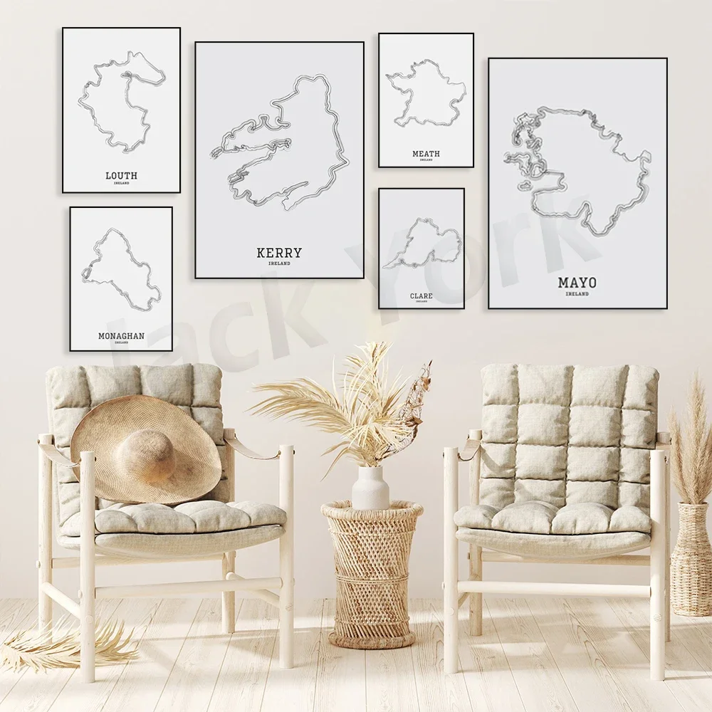 Вниз округа County Derry Cavan Louth Laois Clare Kerry Map | Карта Линейное искусство Печать карты