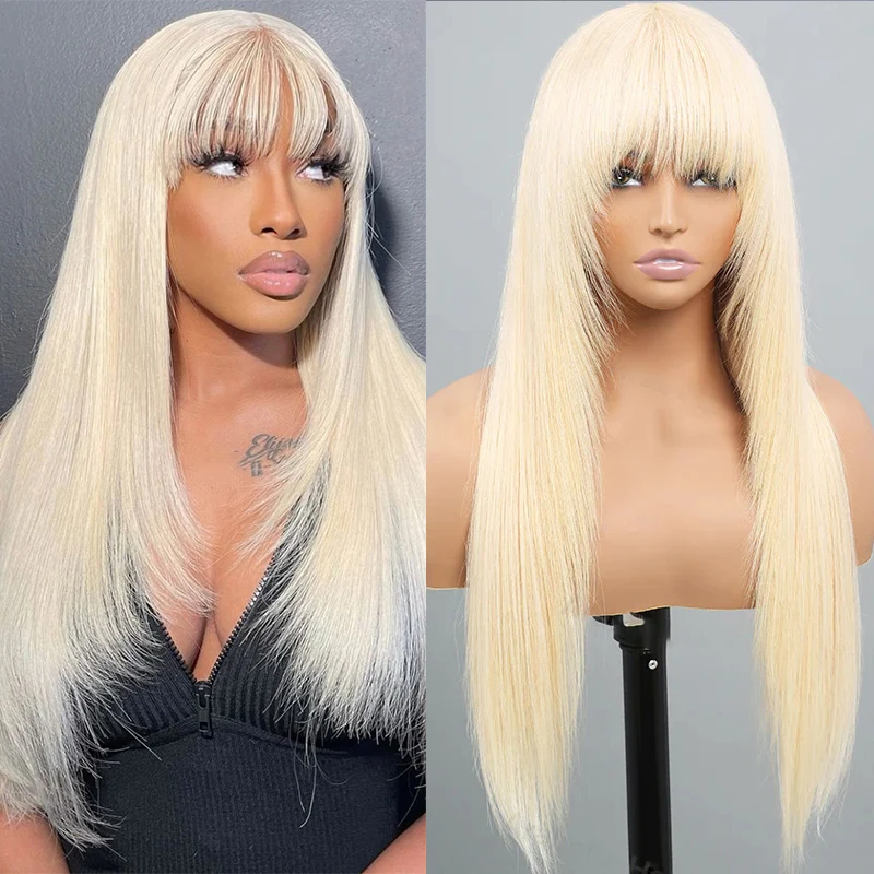 

Synthetic 13X4 Lace Front Wig Blonde Layered Straight Natural 613 Blonde Wigs with Bangs Pre Plucked with Baby Hair for Daily