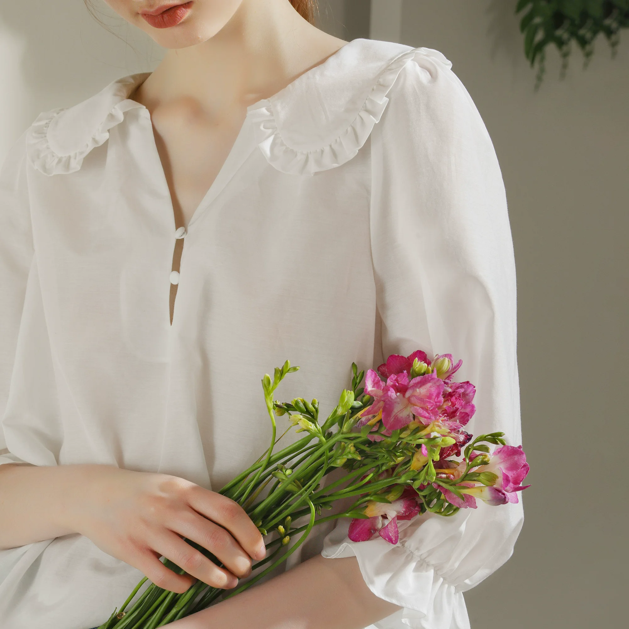 BirdTree элегантная рубашка из натурального шелка 30% женская с воротником Питер Пэн