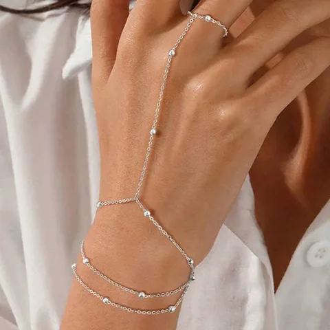 Модные тонкие цепочки, браслеты с кольцами на палец для женщин, винтажные многослойные браслеты с бусинами, элегантные ювелирные изделия, подарки