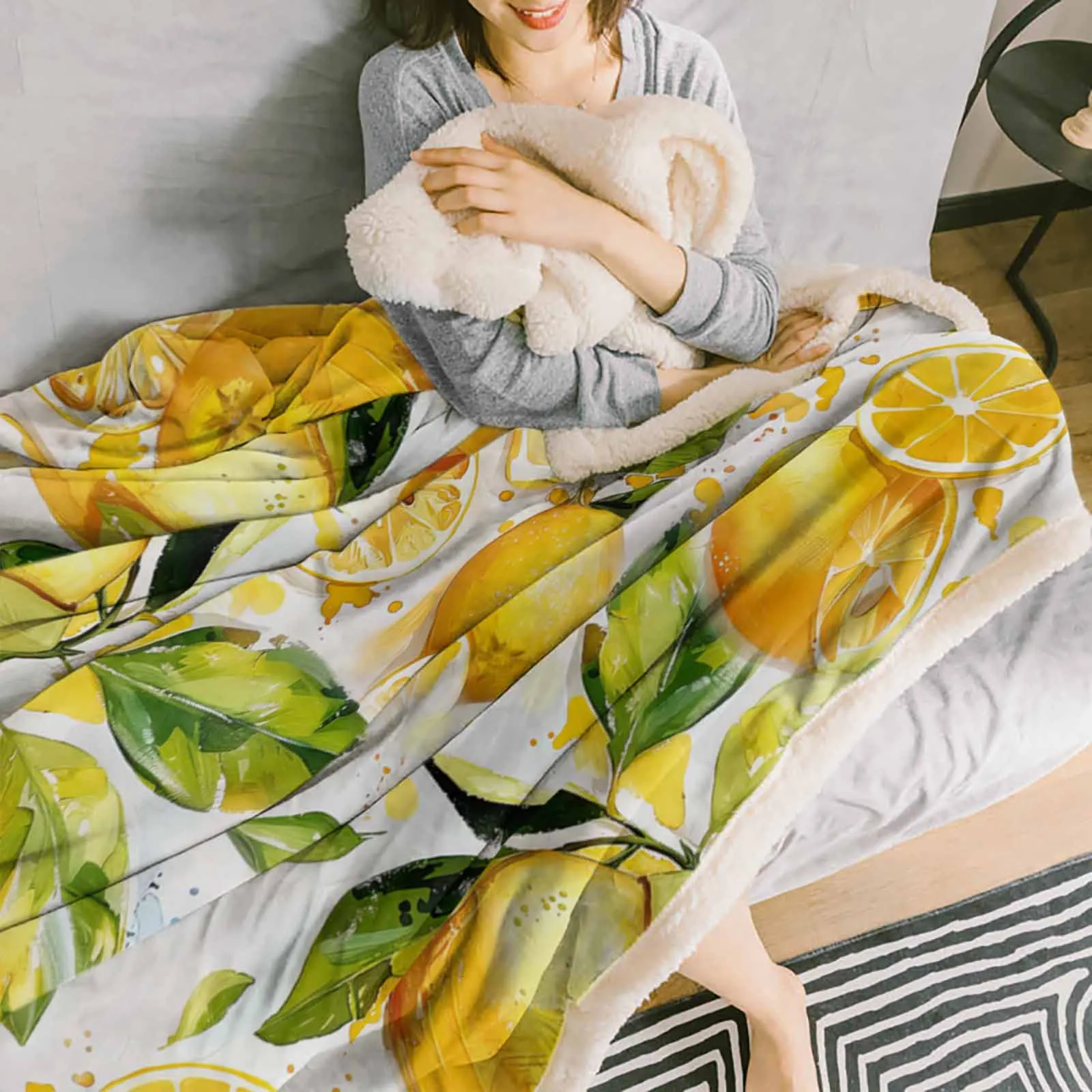 Кашемировое одеяло с листьями лимона акварелью теплые зимние мягкие пледы
