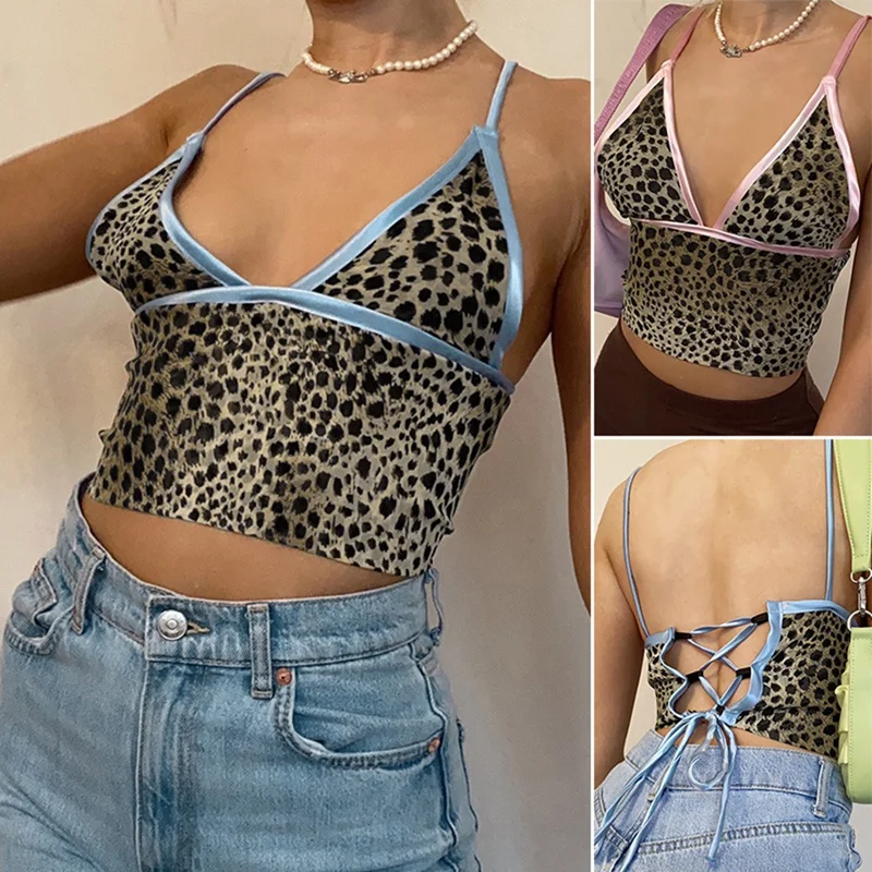 

Women's Bare Navel Skinny Wild Leopard Stitching Camisole