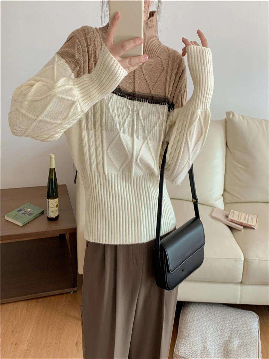 

Tops Women New 2022 Vintage Korean Clothes Fashion Patchwork Turtleneck Pullovers Autumn Winter Warm Female Knitted Sweaters