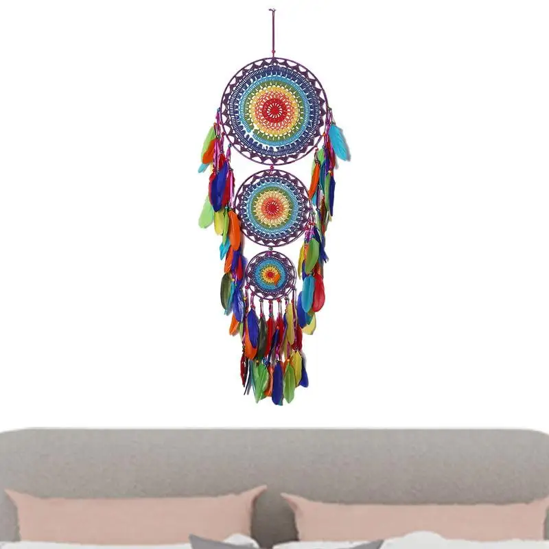 

Dream Catchers Handmade Feathers Hanging Decoration Wall Car Vintage Style Living Bedroom Antique Geometric Long 3 Rings Dangle