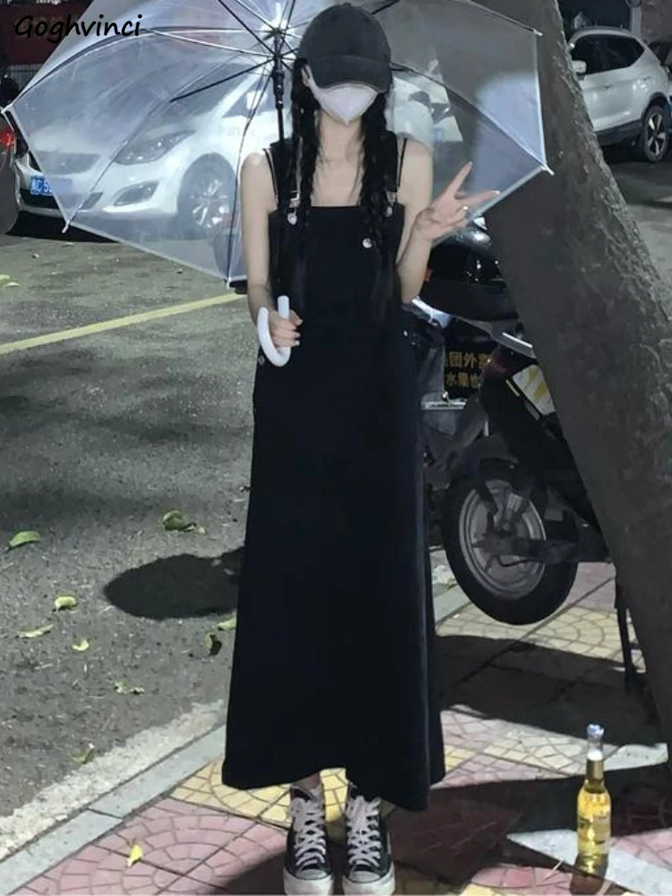

Sleeveless Dresses Women Retro Design All-match Midi Leisure Daily Elegant Students Summer Denim Vestidos Stylish Simple Pockets