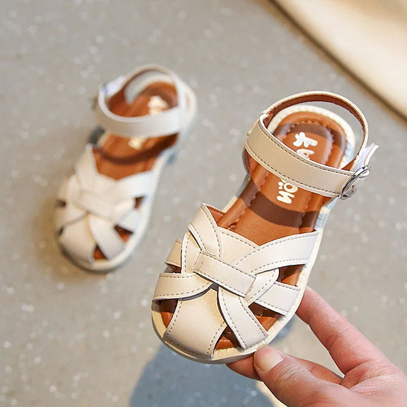

Kids Shoes for Girl Sandals Summer New Soft Sole Beach Leather Shoes Casual Flat Toddler Shoes Solid Color Toe Baby Girls Shoes