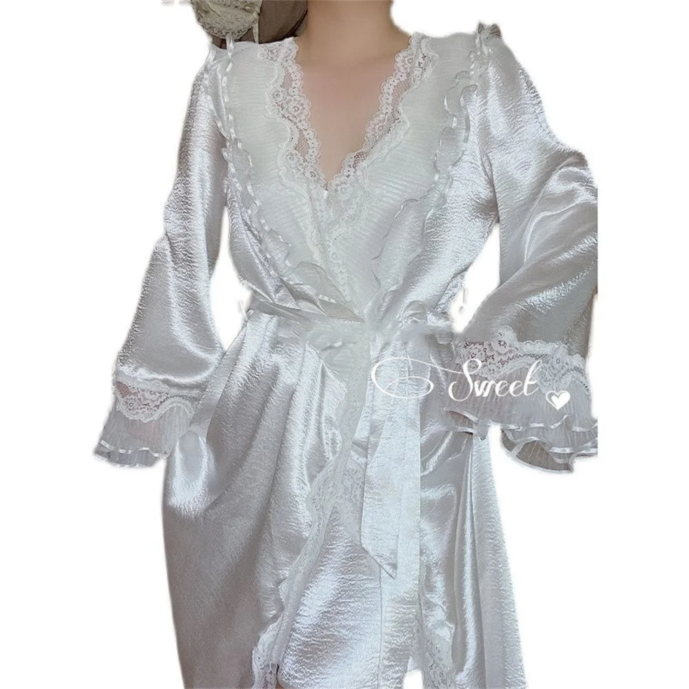Night Dress Women Ruffled Sexy White Robe Lingerie Sleepwear Bridesmaid Lady Party Bathrobe Nightgown Pajamas Dressing Home Wear