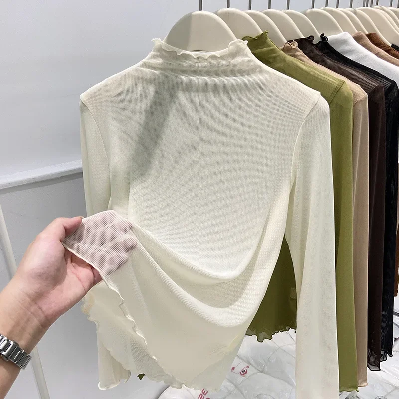 Элегантный сетчатый базовый слой с высоким воротником женский топ на весну и