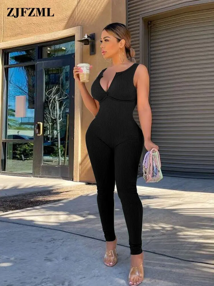 

Elastic Ribbed Zipper Front Fitness Jumpsuits Female Round Neck Sleeveless Skinny Overall Summer Open Back Sportswear Bodysuits