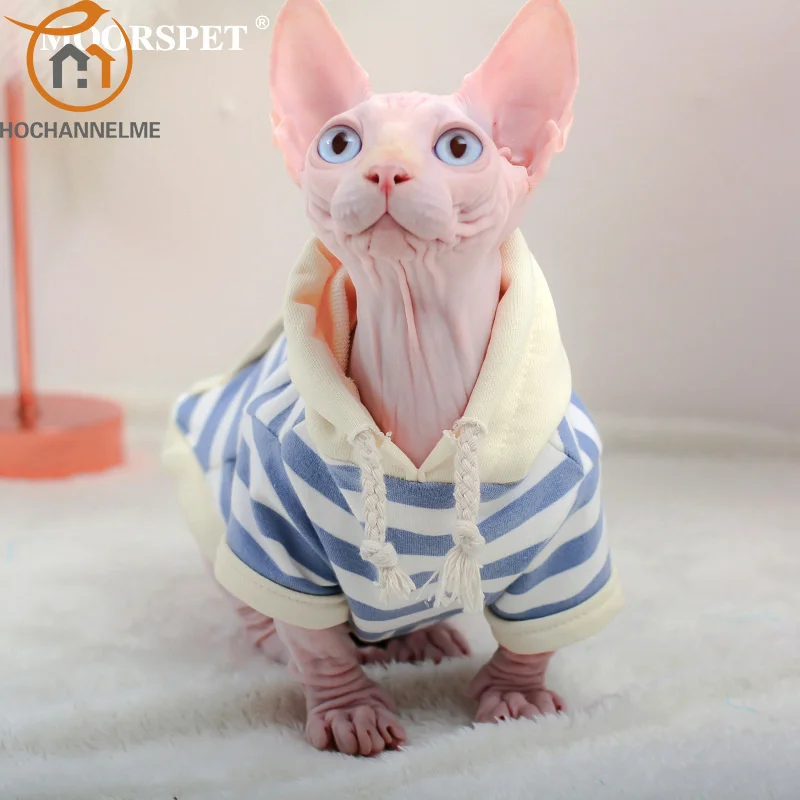 

Cat Clothes For Small Dogs Pet Hooded Sweater Stripe Autumn Clothes Short Kitten Deven Hairless Cat Clothes