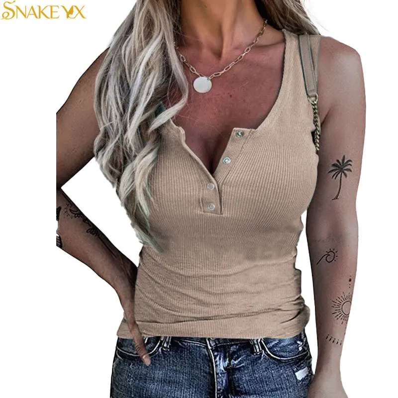 

SNAKE YX 2022 Summer New Fashion Women's Thread Button Slim Fit Casual Tank Top T-Shirt