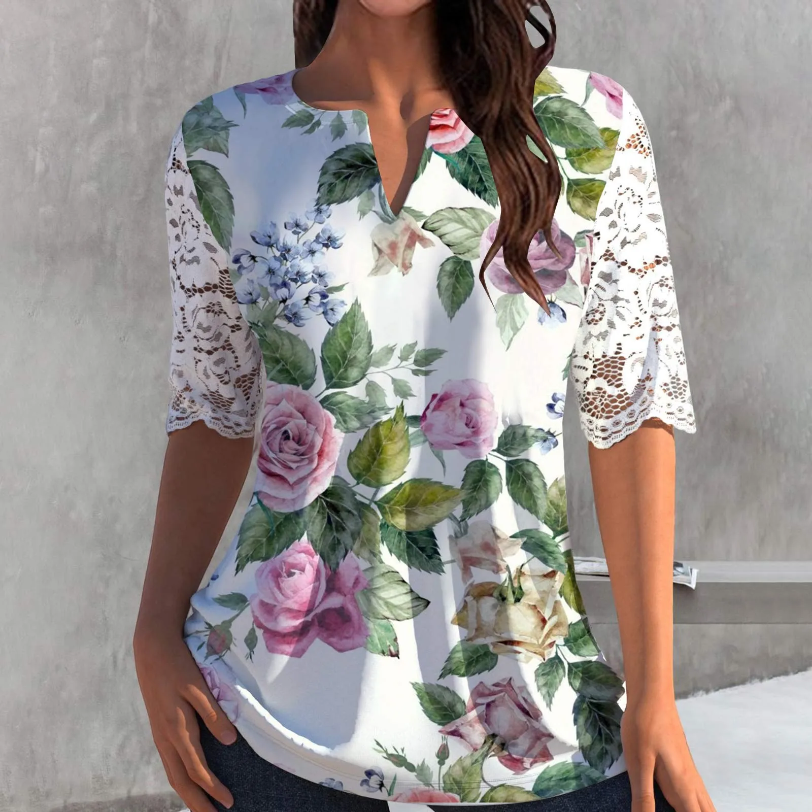 

Women Lace Tops Summer Elegant See Through Short Sleeve Shirts Vintage Oversize V Neck Pullover Tops Boho Leisure Beach Blusas