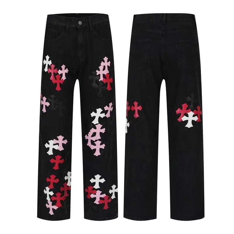 American Y2K jeans high street  PUleather cross  print washed jeans men ins trend retro Hip Hop High Street  Retro Wide Leg deni