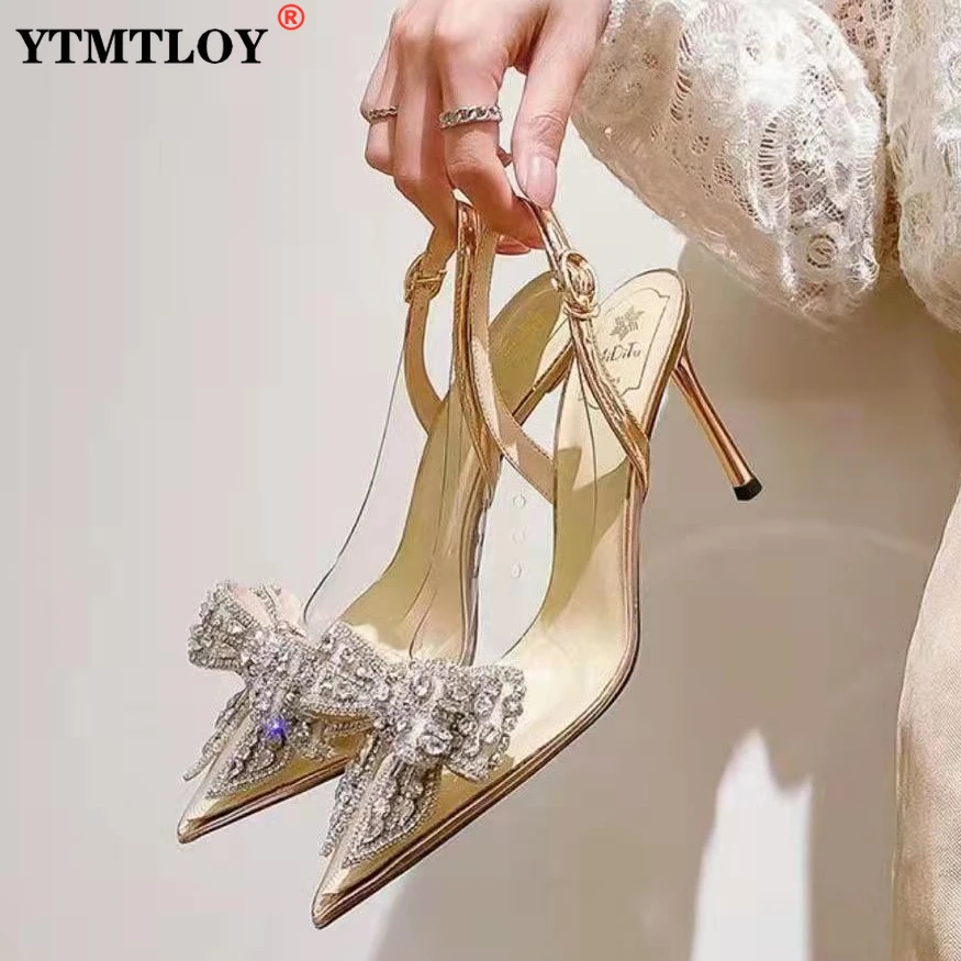 

Women Strappy Sandals Lace up Pointed Toe Rhinestones High Heels Wedding Shoes Crystal Clear Heeled Slingback Pumps Sandals