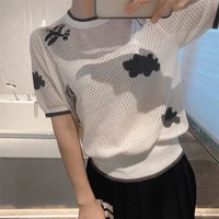 summer tb cloud kite three dimensional crochet hollow short sleeved round neck wool knitted thin t shirt top