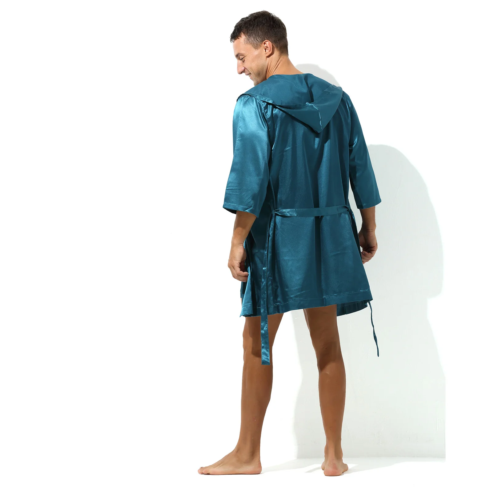 Sexy Men's Hooded Bathrobe Pajamas Night Robe Dress Gown Male Silk Satin Nightgown Kimono Bathrobe Sleepwear House Bedroom Robe