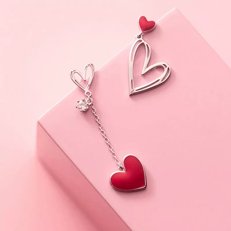 

New Asymmetric Red Heart Stud Earrings For Women Creative Hollow ECG Tassel Zircon Pearl Earrings Girl Party Jewelry Gift
