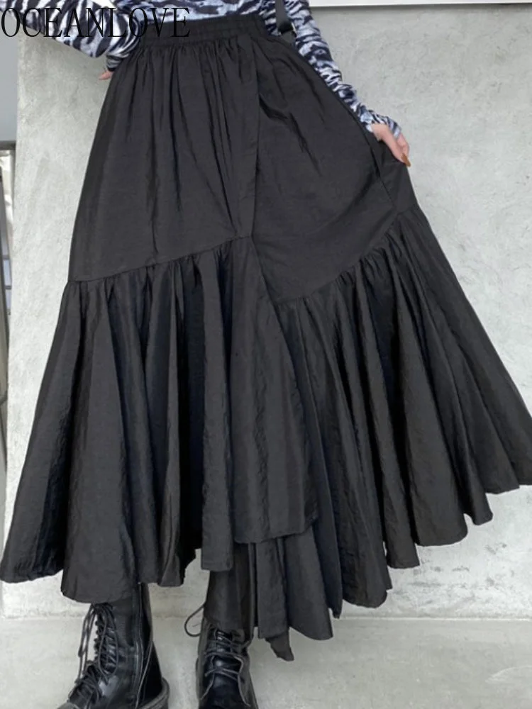 

Japan Style Irregular Skirts Women Black Vintage Solid High Waist Pleated aldas Autumn Ins ashion Y2k Long Skirt