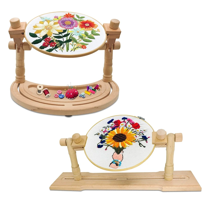Adjustable Embroidery Stand, Wooden Cross Stitch Hoop Stand Holder,Desktop 360° Rotating Embroidery Kit Lap Frame