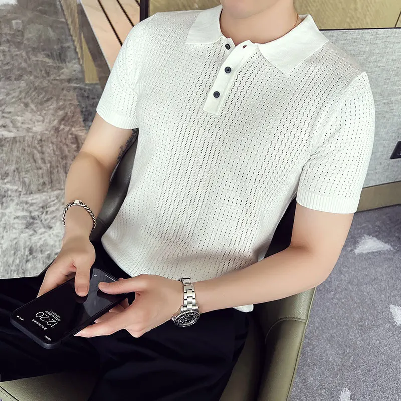 

Мужская шелковая рубашка-поло с короткими рукавами, приталенная деловая футболка-поло с принтом, повседневная уличная одежда, лето 2023