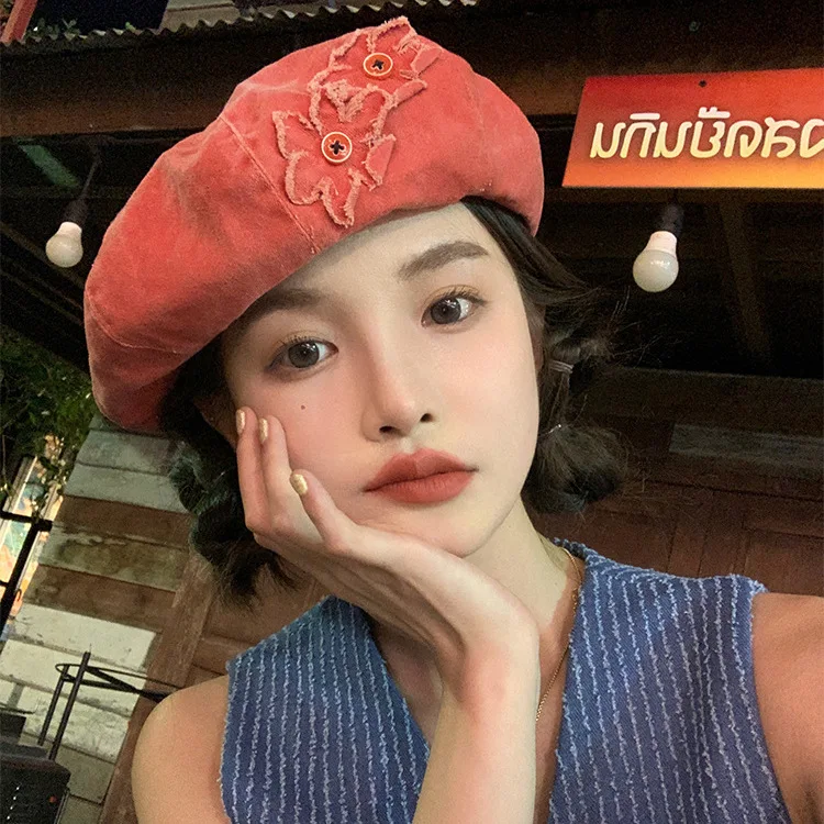 

New Korean Washed Retro Denim Beret Spring Summer Flower Buttons Patch Fashion Women Versatile Painter Hat The Cowboy Hat