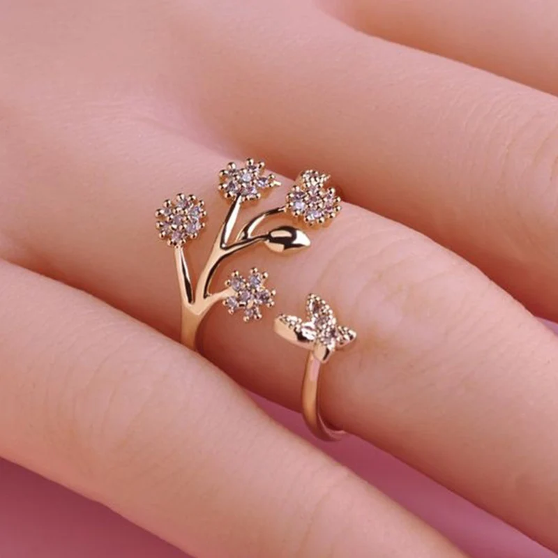

Роскошные свадебные кольца с кристаллами и бабочкой и листьями для женщин, модное Открытое кольцо на палец с белым кристаллом, ювелирные из...