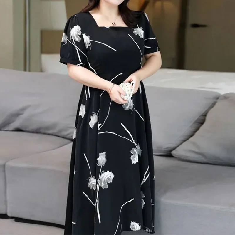Plus Size Women's Summer New Short Sleeve A-line Dresses Prairie Chic Floral Printing Round Neck Black Loose Ankle-Length Dress
