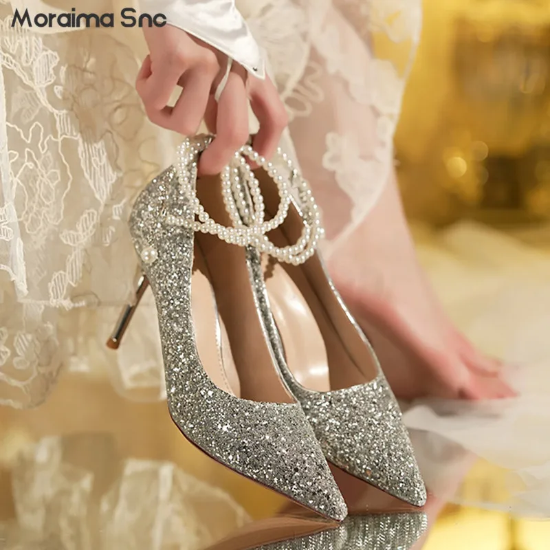 Sequin Pearl Chain Wedding Shoes Stiletto Heel Glitter Vamp Pointy Temperament Women's Pumps Fashion Banquet Luxury High Heels