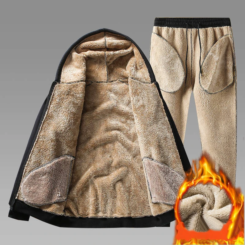 

Warm Sport Suit Men 2 Pieces/Set Winter Sportsuit Casual Thermal Hoodies Sets Fleece Tracksuit Windproof Gym Run Sportswears