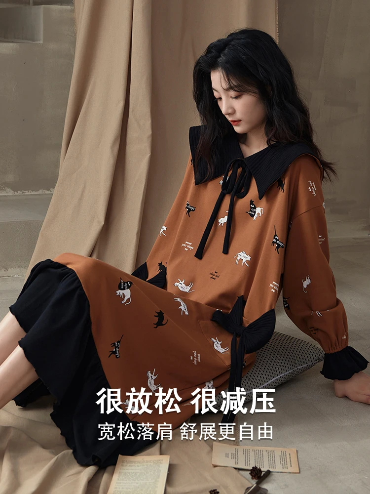 Nightdress Women's Spring and Autumn Winter Cotton Long sleeve Mid-Length Dress 2023 New Coffee Color High-Grade Home Wear