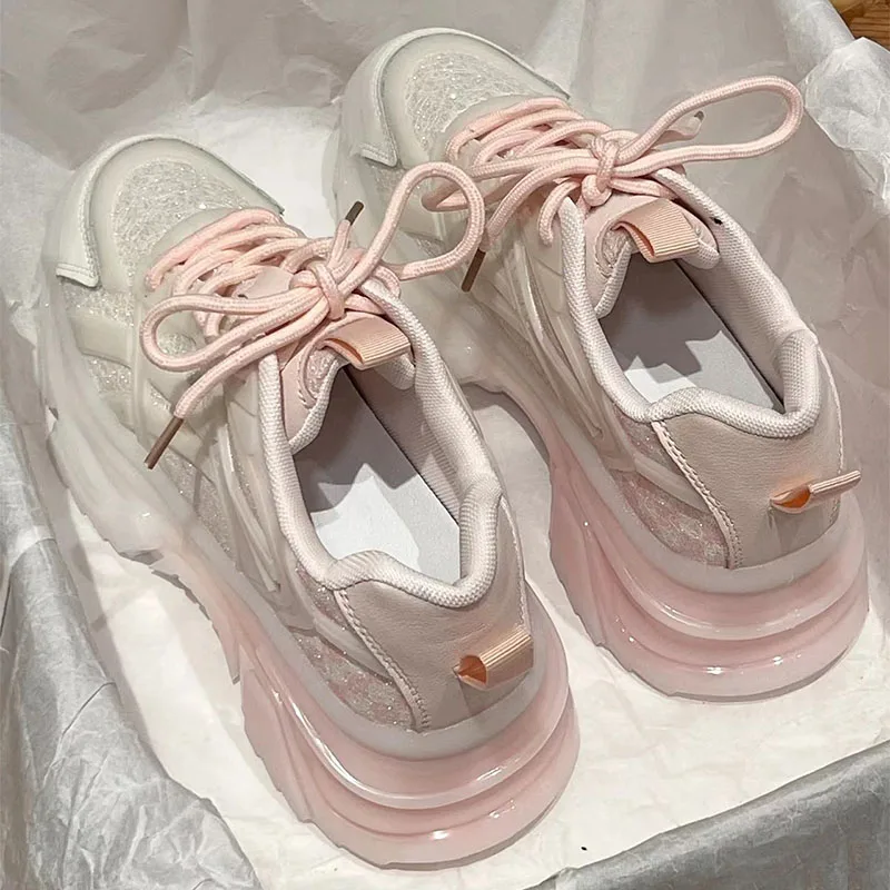 

Fashion Women's Breathable Round Toe Casual Shoes Lace Up Pink Gray