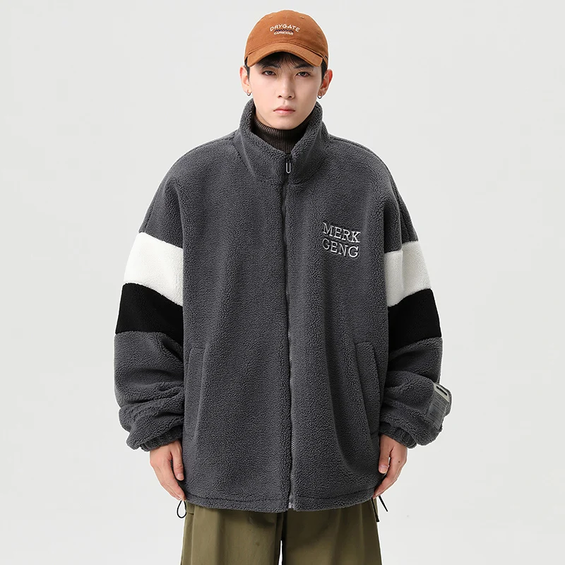 

Streetwear Trend Thick Cashmere Lamb Wool Varsity Jacket for Men Winter Warm Faux Lamb Fur Coat Embroidery Baseball Jacket