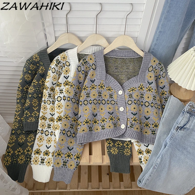 

ZAWAHIKI Square Collar Long Sleeve Sweaters Casual Oversize Sweater Cardigan Flower Print Knit Clothes Sweet Fashion Cardigans