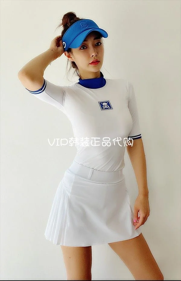 

South Korea spring and summer Golf clothing women's quick-drying high-neck five-point sleeve slim T-shirt anti-slip skirt suit