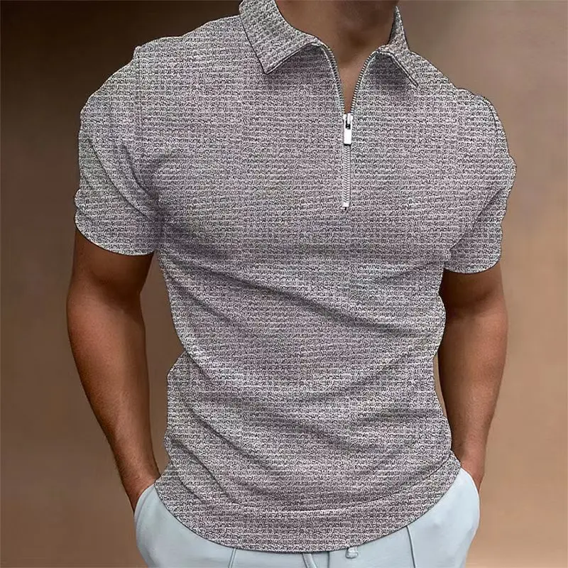 

Summer New Waffle Zipper POLO Shirt Checkered Contrast Short Sleeves Mens Shirt