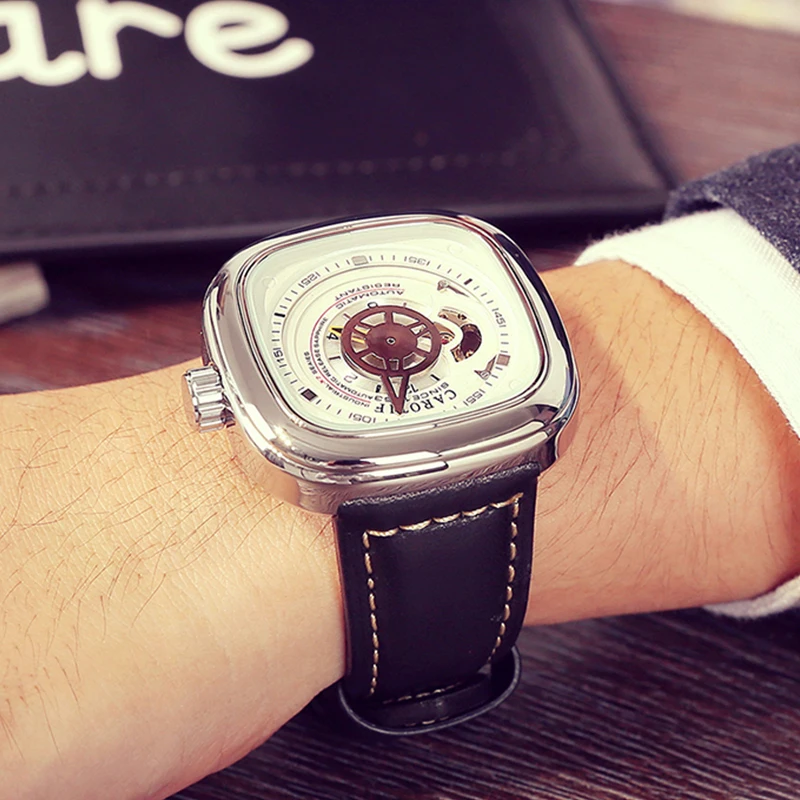 

Top Brands Mechanical Men Watch Waterproof Square Dial Skeleton Design Leather Band Fashion Business Lover Gift Male Watches