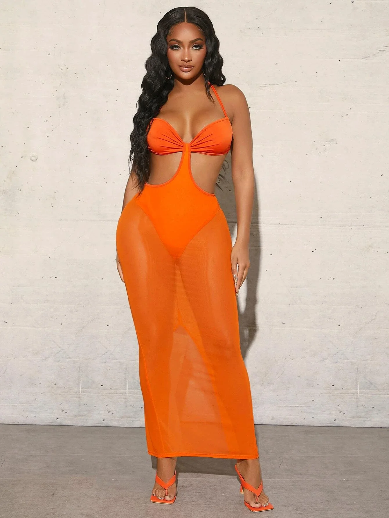 

Ruched Bust Tie Backless Split Hem Panty Insert Halter Mesh Dress