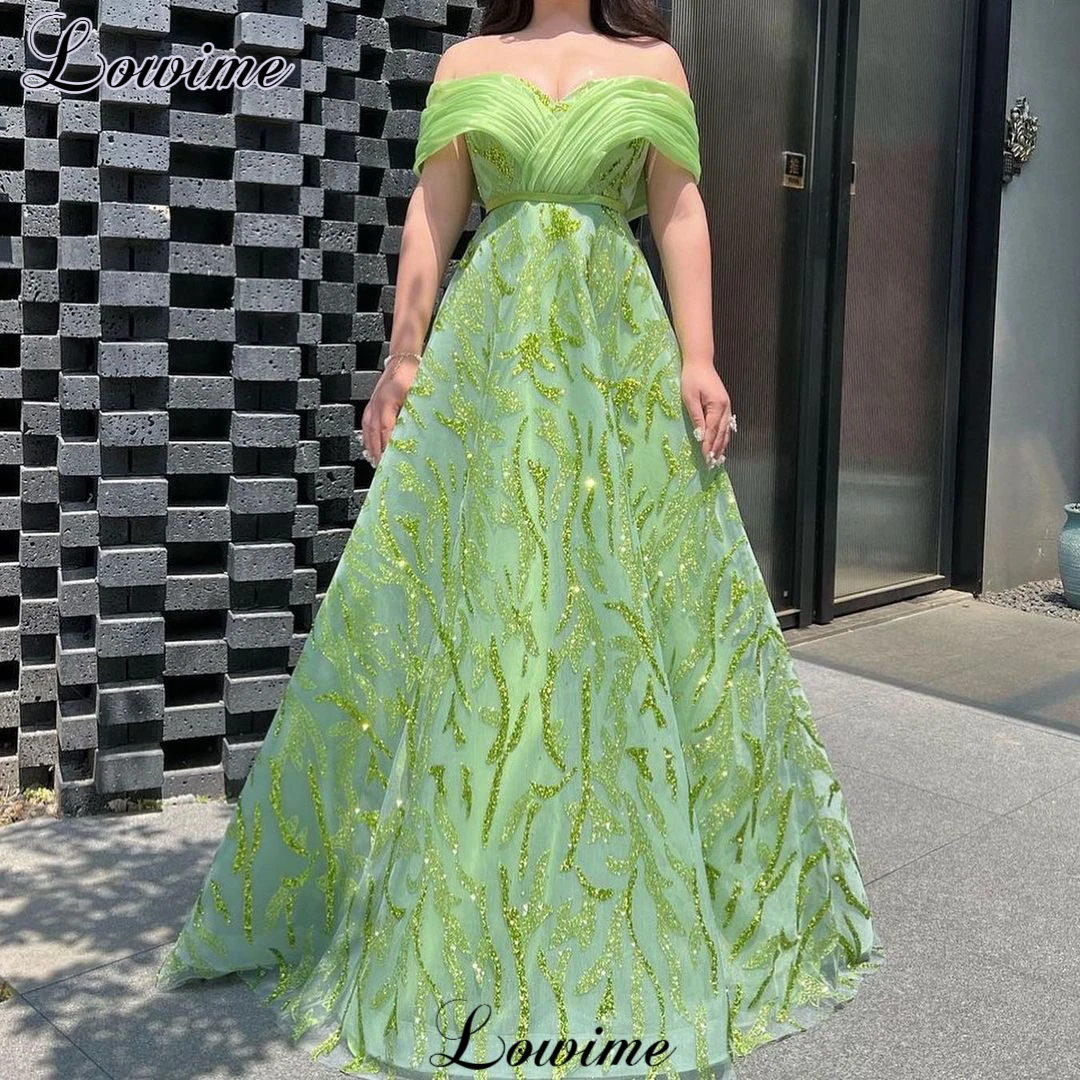 

Grass Green Backless Celebrity Dresses A-Line Off Shoulder Elegant Evening Party Gowns Vestidos De Gala Formal Occasion Dresses