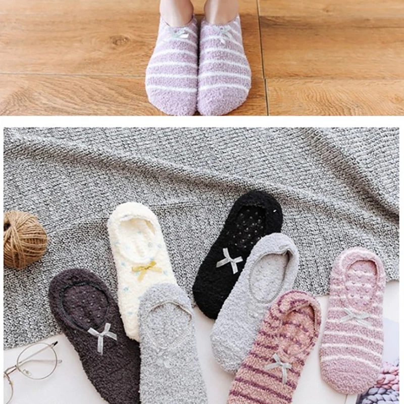 

Cute Coral Fleece Socks Stripe With Bow Home Sleeping Warm Soft Anti-Skid Plush Slipper Socks Fluffy Microfiber Thick Gift