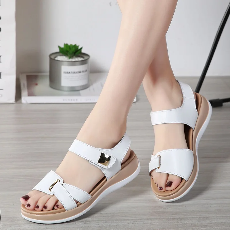 

2022 New Women Genuine Leatherwomen Wedge Platform Open Toe Shoes Shoes Sandals Flats Soft Hook Loop Bling Beach Sport Sandals