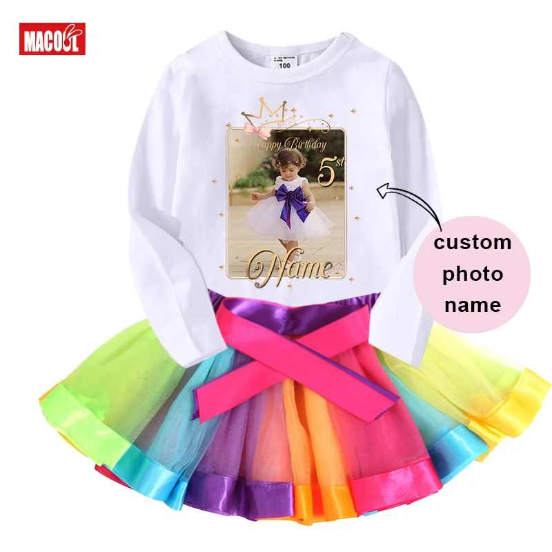 Girl Tutu Set Personalized T Shirt Photo Birthday Outfit Custom Name Shirt Girl Outfit Shirt Set Rainbow Kids Outfit Little Girl images - 6