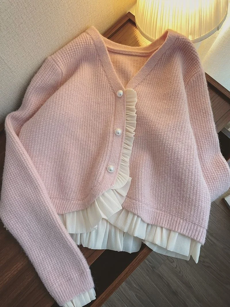 Women's Sweaters 2023 Autumn Gentle Korean Pearl Button Ruffled Patchwork Pink Cropped Cardigan V Long Sleeve Mesh Knitted Coat